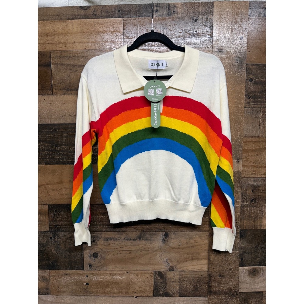 OXKNIT Rainbow Stripe Knit Polo Sweater Cream Long Sleeve 100% Cotton Medium